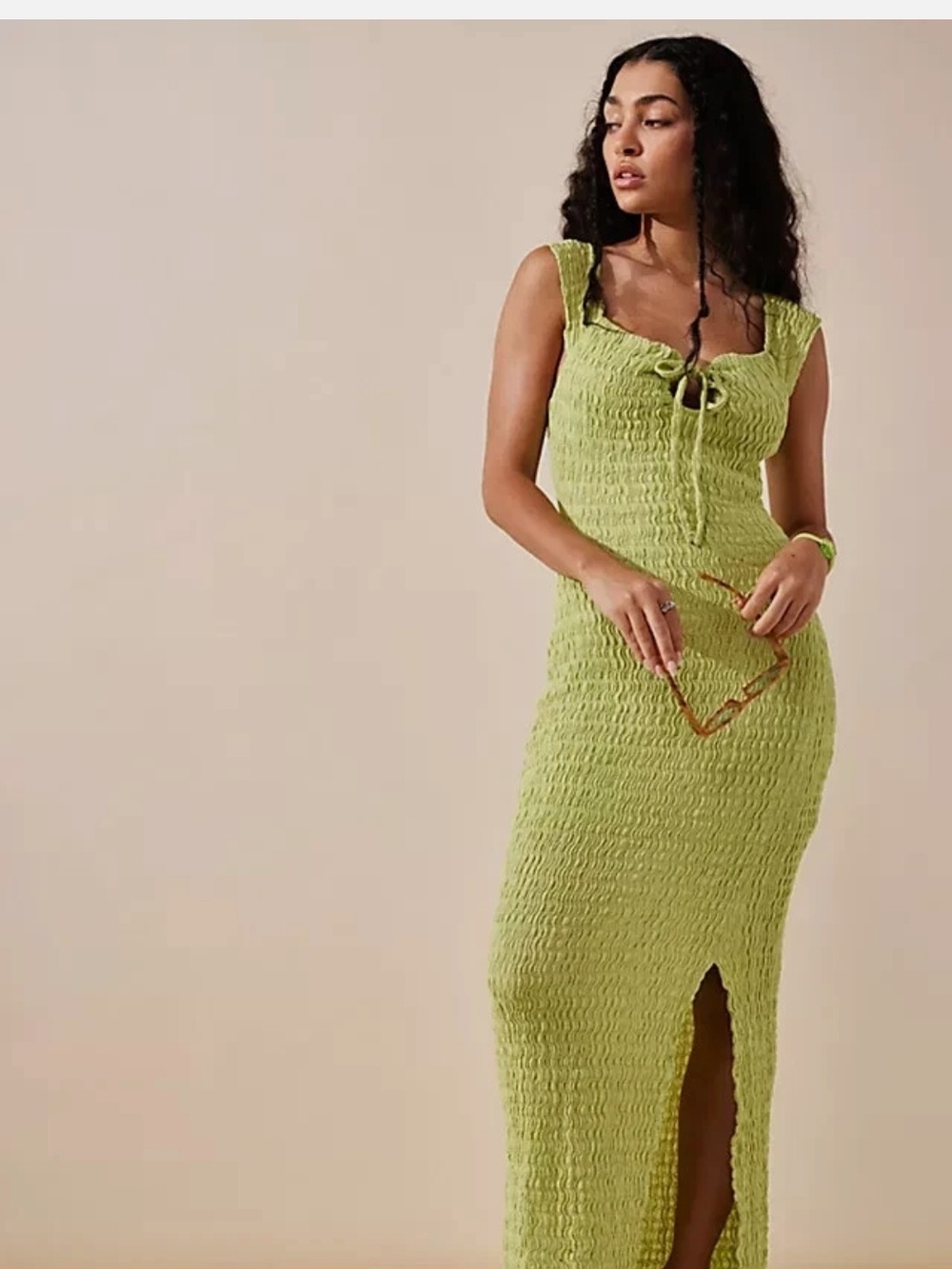 Smocked Lime Green Maxi Dress with Front Slit